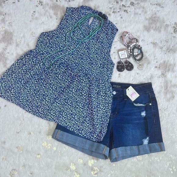 Rachel Zoe Blue Floral Peplum Darted Sleeveless Blouse with Keyhole Back👚💗 - Picture 1 of 5